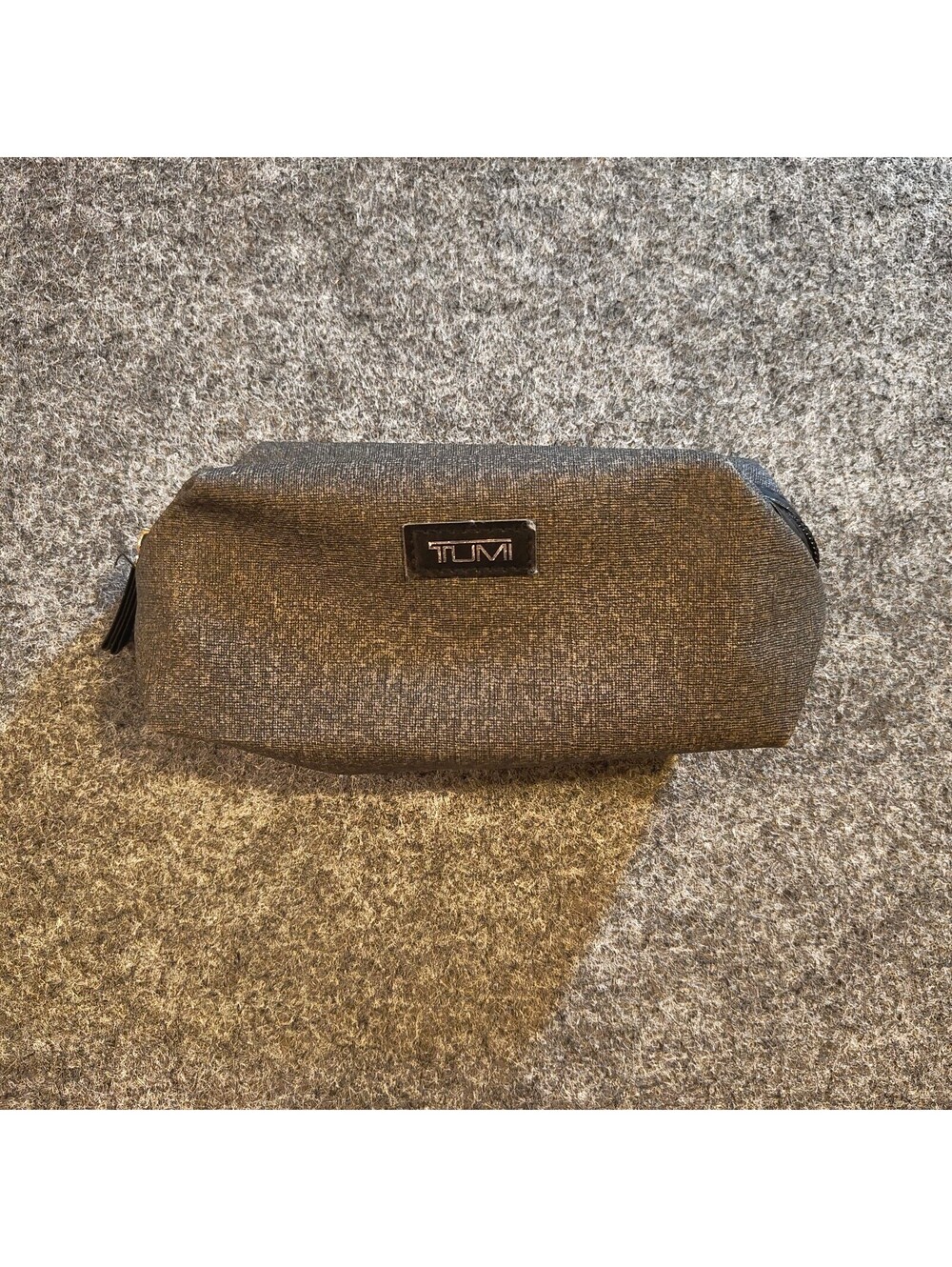 Tumi Metallic Bronze Gray Coated Canvas Makeup Cosmetics Travel Pouch Bag